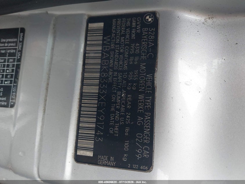 1999 BMW 3 series VIN WBABK8333XEY91743 IAAI salvage auction — ALL OVER, Salvage (South Carolina), sold $325 on 2026-08-02 (photo 9)