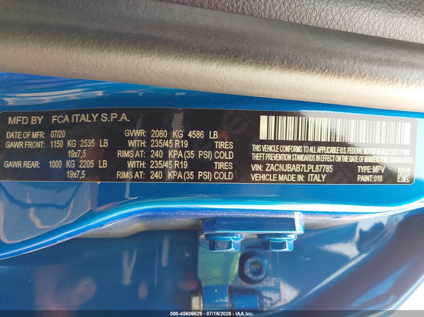 2020 Jeep Renegade VIN ZACNJBAB7LPL87785 IAAI salvage auction — FRONT END, Mv-907A (New York), sold $1,550 on 2026-08-13 (photo 9)