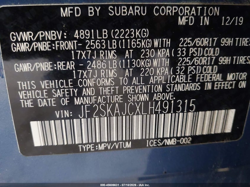 2020 Subaru Forester VIN JF2SKAJCXLH491315 IAAI salvage auction — STORM DAMAGE, Salvage Title, sold $1,750 on 2026-07-22 (photo 9)
