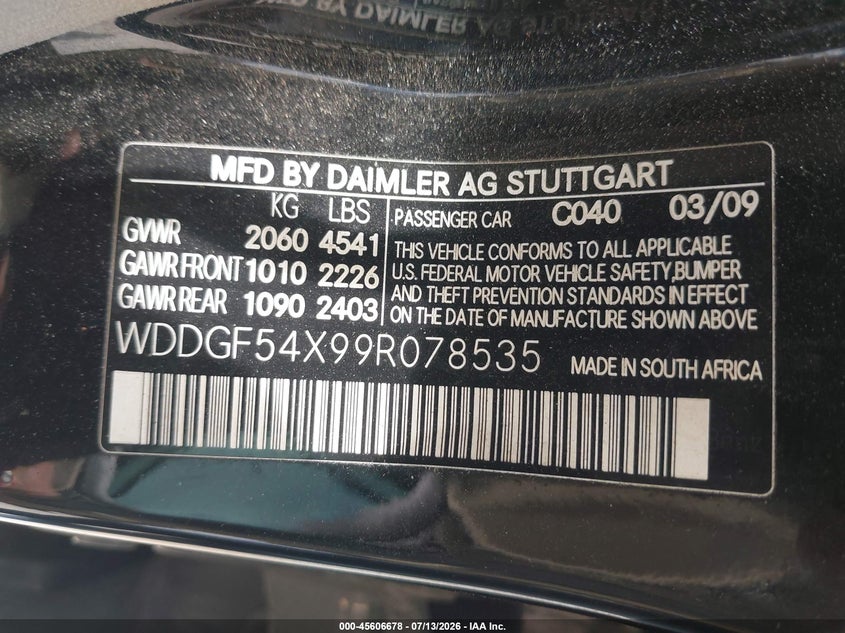 2009 Mercedes-benz C class VIN WDDGF54X99R078535 IAAI salvage auction — NORMAL WEAR, Original (Texas), sold $975 on 2026-08-03 (photo 9)