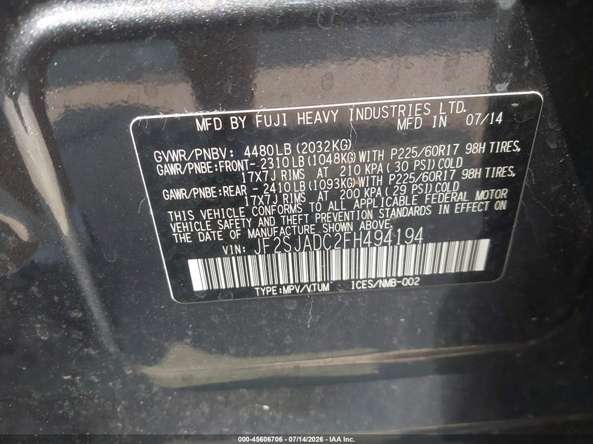 2015 Subaru Forester VIN JF2SJADC2FH494194 IAAI salvage auction — LEFT FRONT, Salvage (Ohio), sold $325 on 2026-07-28 (photo 9)