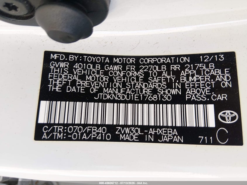 2014 Toyota Prius VIN JTDKN3DU1E1768130 IAAI salvage auction — FRONT END, Salvage (California), sold $875 on 2026-07-29 (photo 9)
