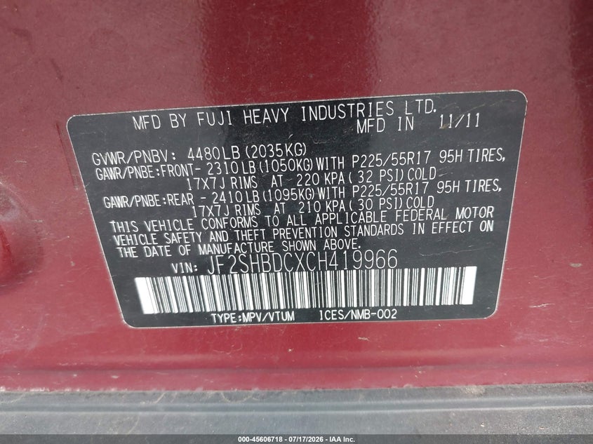 2012 Subaru Forester VIN JF2SHBDCXCH419966 IAAI salvage auction — NORMAL WEAR, Clear (Oregon), sold $675 on 2026-07-23 (photo 9)