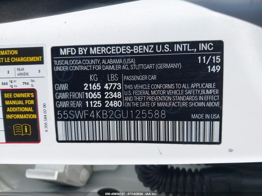 2016 Mercedes-benz C-klasse VIN 55SWF4KB2GU125588 IAAI salvage auction — LEFT FRONT, Wait Title, sold $5,200 on 2026-08-24 (photo 9)