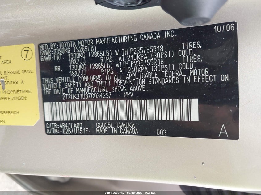 2007 Lexus Rx 350 VIN 2T2HK31U37C034297 IAAI salvage auction — Unknown, Salvage (Ohio), sold $1,250 on 2026-07-25 (photo 9)