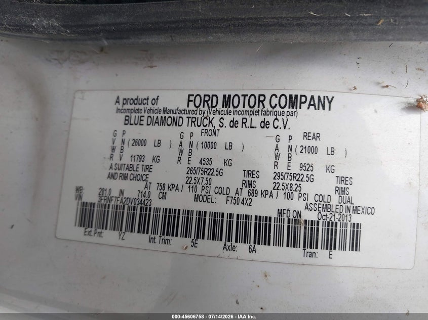 2013 Ford F650-f750 VIN 3FRNF7FA2DV034423 IAAI salvage auction — NORMAL WEAR, Salvage Title, sold $850 on 2026-09-14 (photo 8)