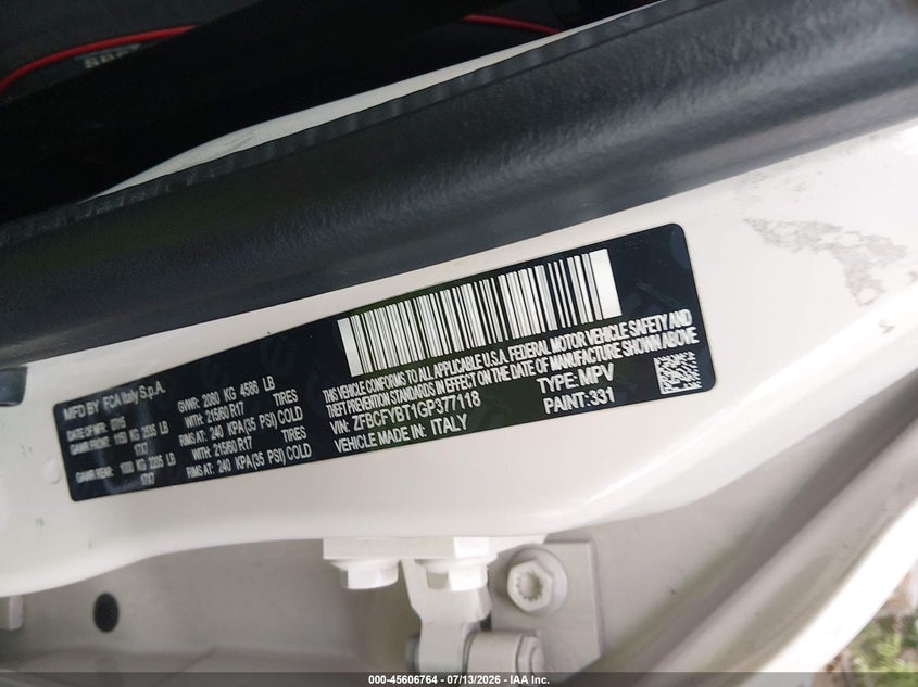 2016 Fiat 500x VIN ZFBCFYBT1GP377118 IAAI salvage auction — NORMAL WEAR, Clear (Virginia), sold $1,550 on 2026-07-14 (photo 9)