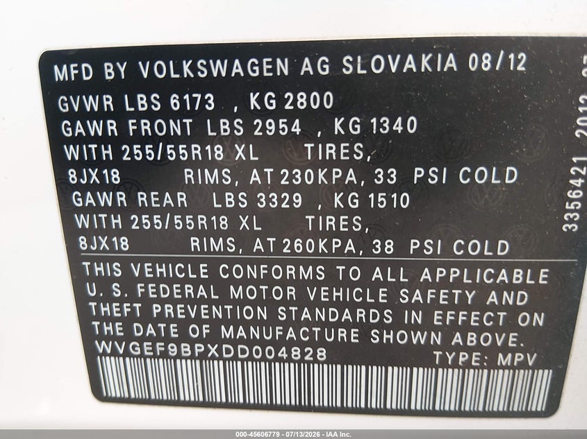 2013 Volkswagen Touareg VIN WVGEF9BPXDD004828 IAAI salvage auction — FRONT END, Clear (New Jersey), sold $400 on 2026-07-30 (photo 9)
