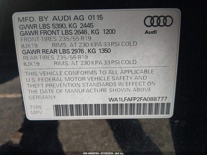 2015 Audi Q5 VIN WA1LFAFP2FA088777 IAAI salvage auction — NORMAL WEAR, Repossession Paperwork (North Carolina), sold $2,050 on 2026-07-22 (photo 9)