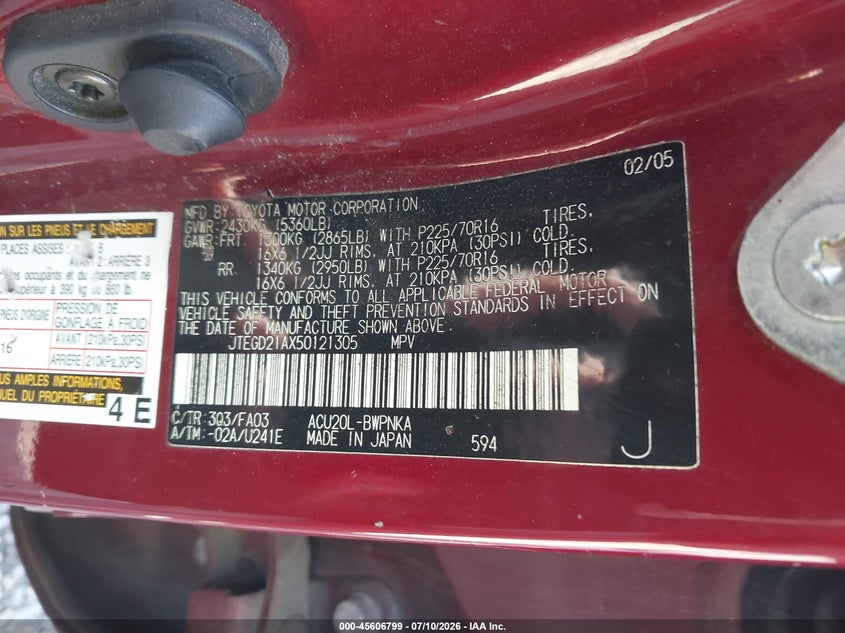 2005 Toyota Highlander VIN JTEGD21AX50121305 IAAI salvage auction — NORMAL WEAR, Clear (Virginia), sold $1,050 on 2026-07-24 (photo 9)