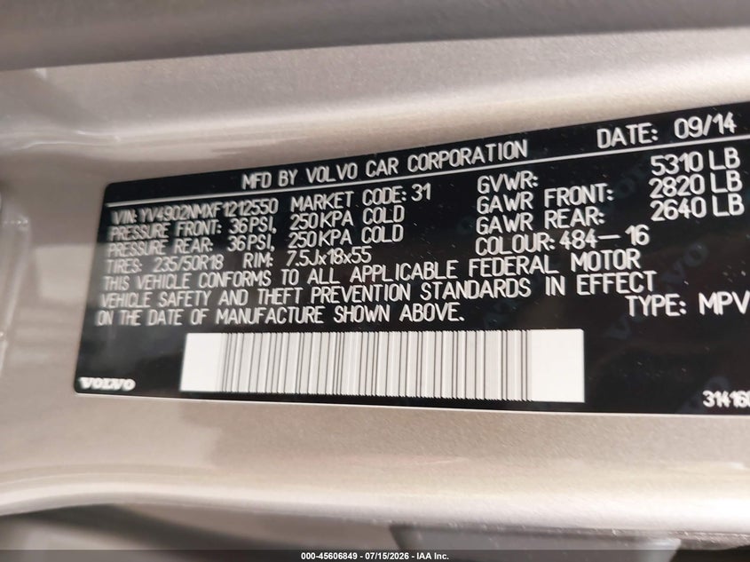 2015 Volvo Xc70 VIN YV4902NMXF1212550 IAAI salvage auction — FRONT END, Salvage Title, sold $7,100 on 2026-08-19 (photo 9)