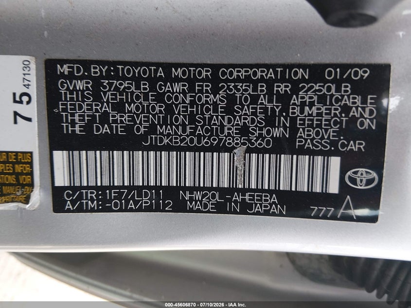 2009 Toyota Prius VIN JTDKB20U697885360 IAAI salvage auction — ENGINE DAMAGE, Clear (Georgia), sold $900 on 2026-07-16 (photo 9)