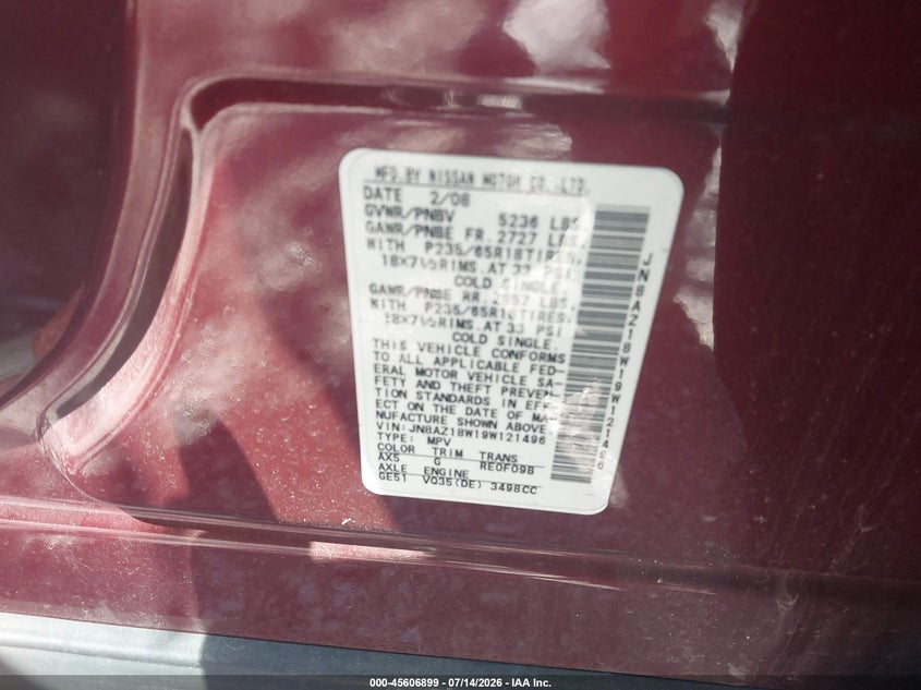 2009 Nissan Murano VIN JN8AZ18W19W121496 IAAI salvage auction — RIGHT FRONT, Clear (Wisconsin), sold $25 on 2026-07-21 (photo 9)