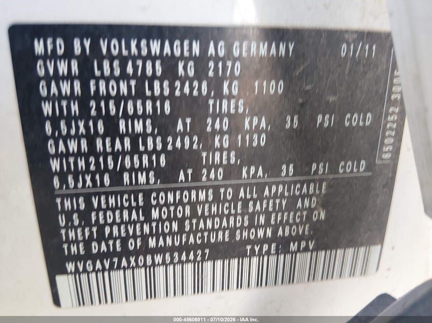 2011 Volkswagen Tiguan VIN WVGAV7AX0BW534427 IAAI salvage auction — NORMAL WEAR, Clear-Dealer Only (Arizona), sold $175 on 2026-07-28 (photo 9)