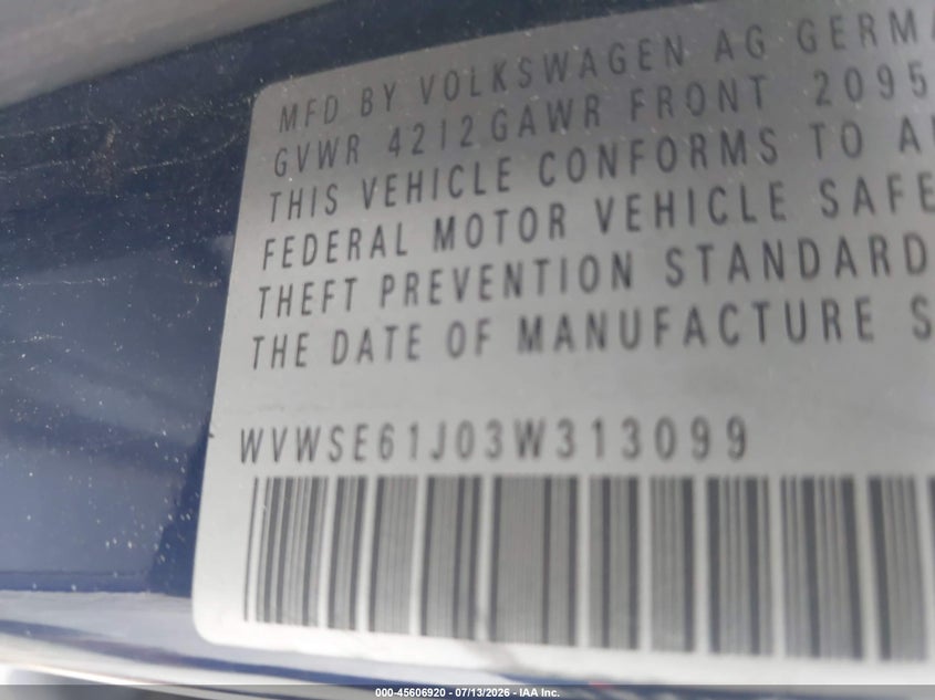 2003 Volkswagen Jetta VIN WVWSE61J03W313099 IAAI salvage auction — FRONT END, Salvage (California), sold $1,100 on 2026-08-10 (photo 9)