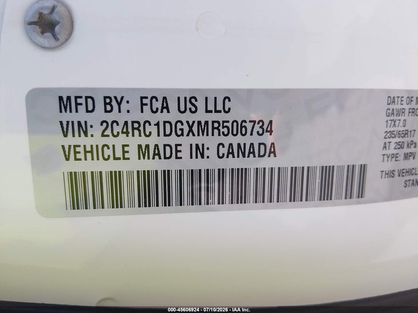2021 Chrysler Voyager VIN 2C4RC1DGXMR506734 IAAI salvage auction — NORMAL WEAR, Repossession Paperwork (Georgia), sold $9,000 on 2026-08-02 (photo 9)