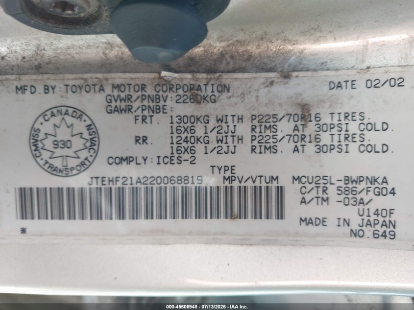 2002 Toyota Highlander VIN JTEHF21A220068819 IAAI salvage auction — NORMAL WEAR, Peddle Clear Public-Restricted (Oregon), sold $75 on 2026-07-27 (photo 9)