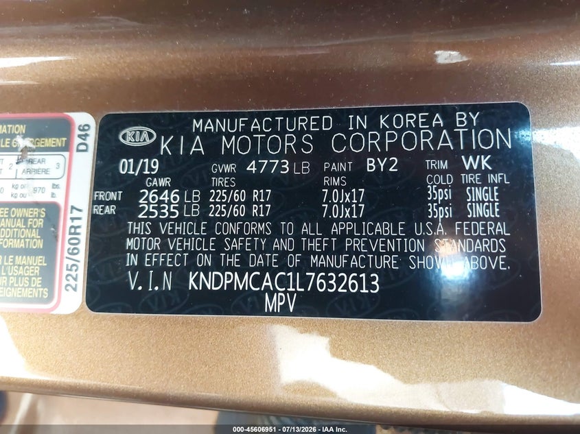 2020 Kia Sportage VIN KNDPMCAC1L7632613 IAAI salvage auction — RIGHT SIDE, Salvage (Pennsylvania), sold $2,650 on 2026-07-31 (photo 9)
