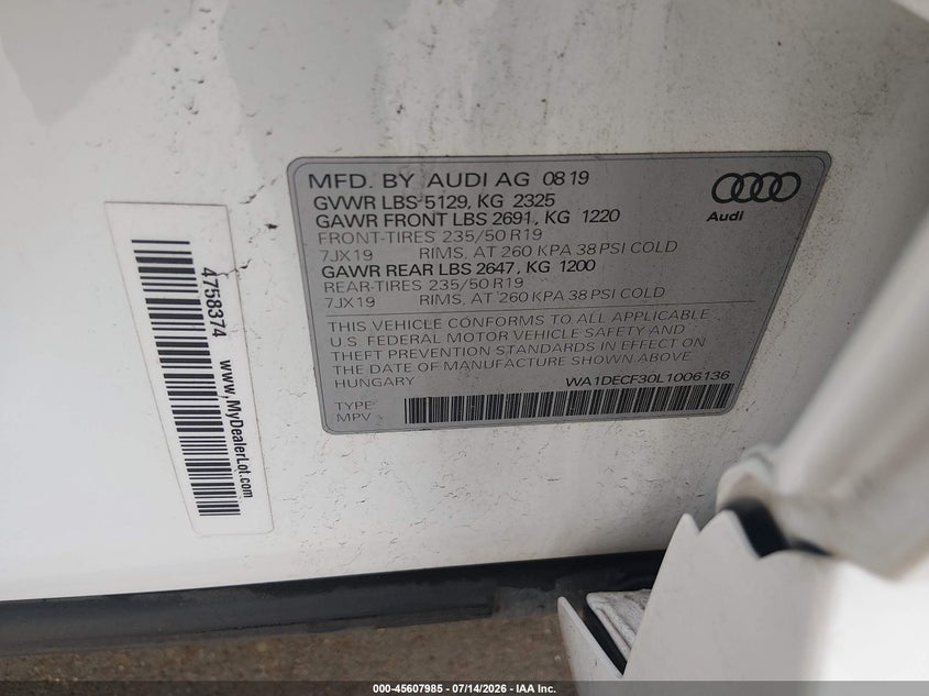 2020 Audi Q3 VIN WA1DECF30L1006136 IAAI salvage auction — FRONT END, Original (Texas), sold $9,850 on 2026-08-16 (photo 9)