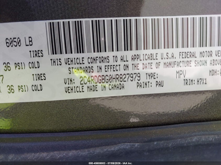 2017 Dodge Grand caravan VIN 2C4RDGBG0HR827979 IAAI salvage auction — NORMAL WEAR, Sf97 (California), sold $11,250 on 2026-07-30 (photo 9)