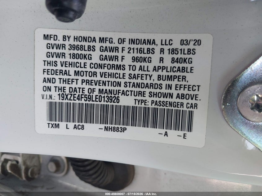 2020 Honda Insight VIN 19XZE4F59LE013926 IAAI salvage auction — FRONT END, Salvage Title, sold $2,800 on 2026-07-25 (photo 9)