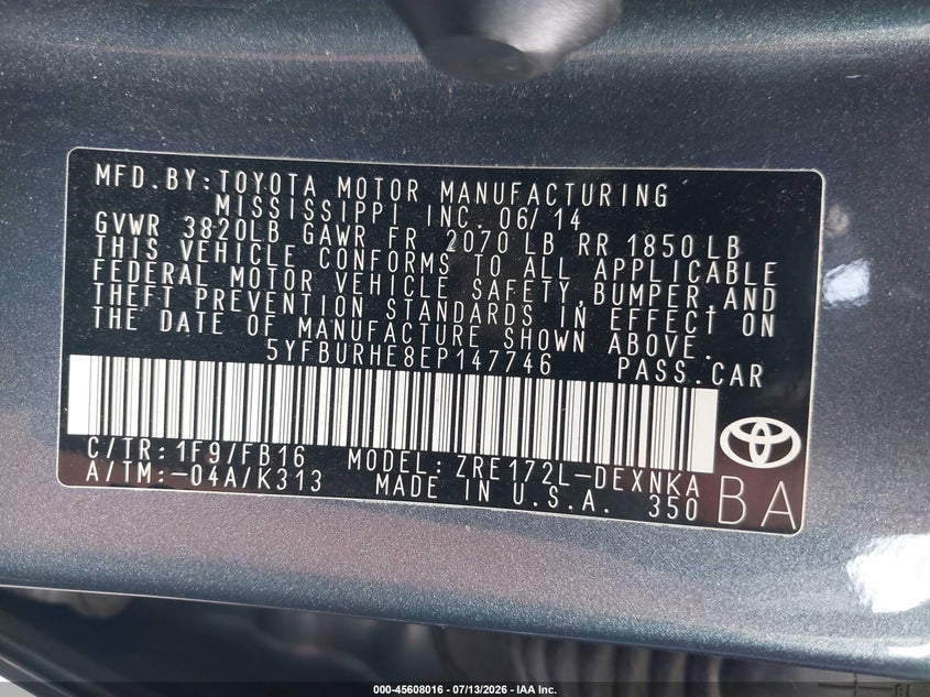 2014 Toyota Corolla VIN 5YFBURHE8EP147746 IAAI salvage auction — REAR END, Salvage Certificate (California), sold $2,550 on 2026-07-22 (photo 9)