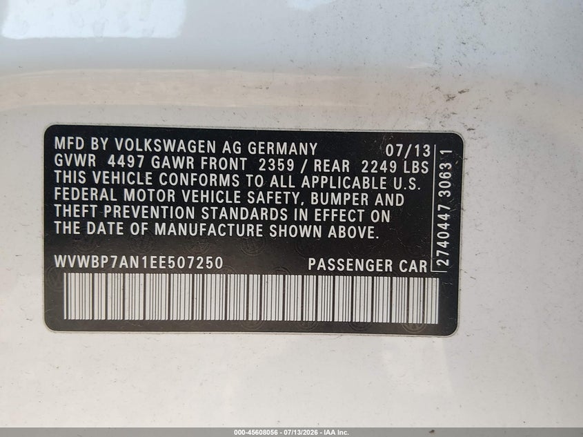 2014 Volkswagen Passat cc VIN WVWBP7AN1EE507250 IAAI salvage auction — NORMAL WEAR, Clear (Illinois), sold $1,100 on 2026-07-20 (photo 9)