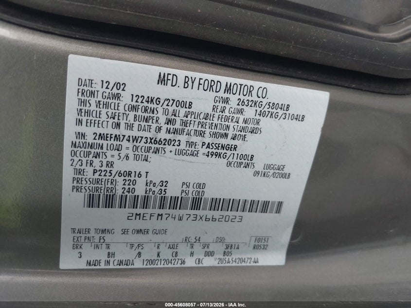 2003 Mercury Grand marquis VIN 2MEFM74W73X662023 IAAI salvage auction — NORMAL WEAR, Clear - Dealer Only (California), sold $25 on 2026-07-21 (photo 9)
