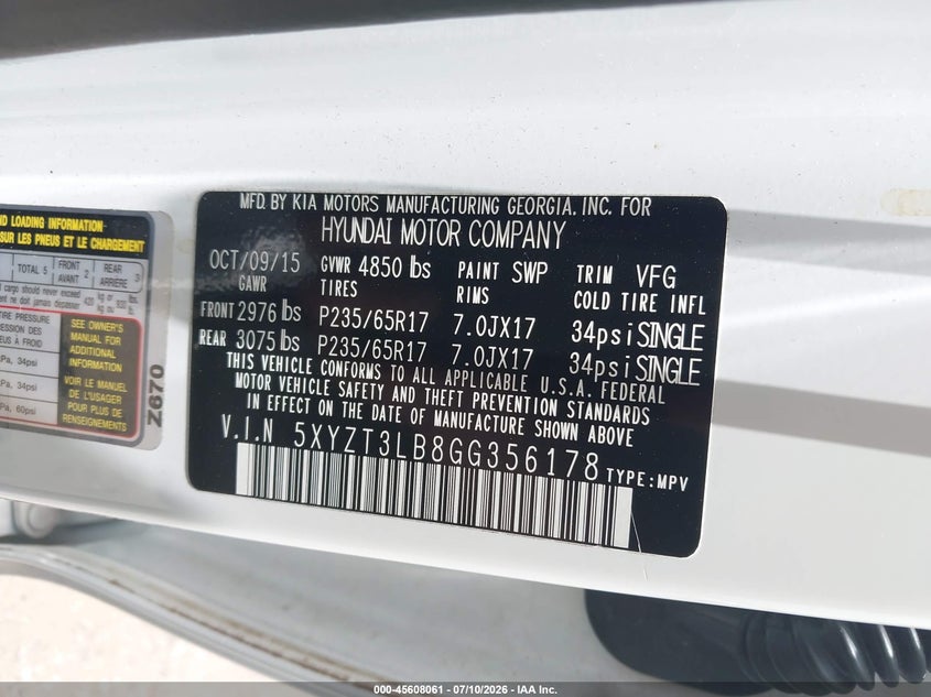 2016 Hyundai Santa fe VIN 5XYZT3LB8GG356178 IAAI salvage auction — NORMAL WEAR, Clear (Florida), sold $2,000 on 2026-07-16 (photo 9)
