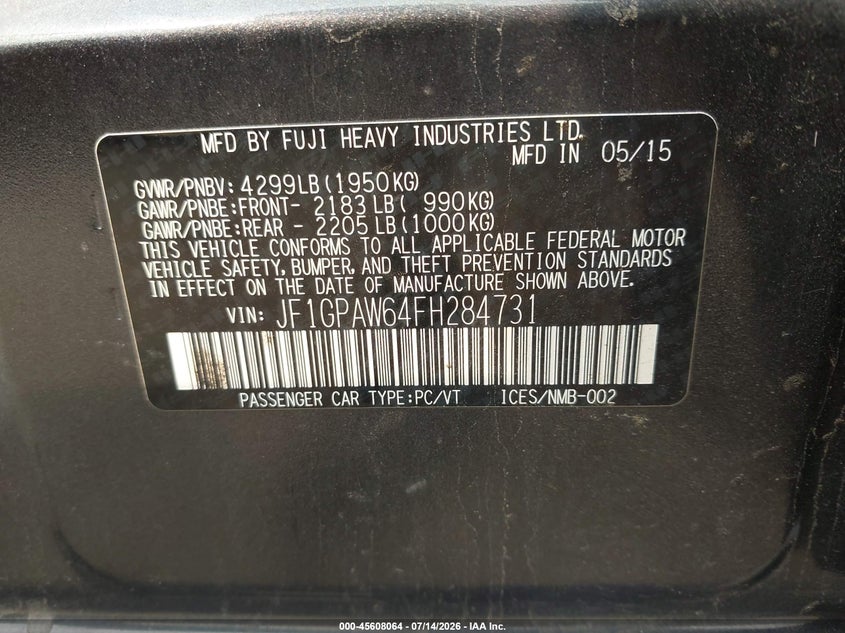 2015 Subaru Impreza VIN JF1GPAW64FH284731 IAAI salvage auction — FRONT END, Clear (Massachusetts), sold $425 on 2026-07-24 (photo 9)