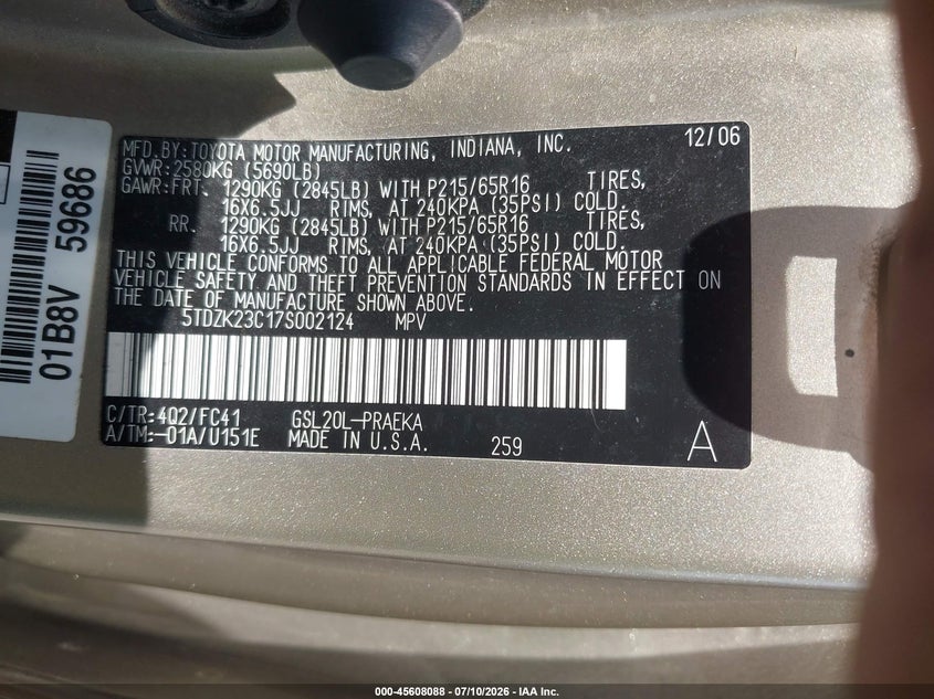 2007 Toyota Sienna VIN 5TDZK23C17S002124 IAAI salvage auction — NORMAL WEAR, Clear (New Jersey), sold $575 on 2026-07-27 (photo 9)