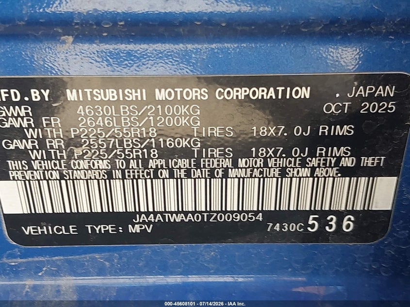 2026 Mitsubishi Eclipse cross VIN JA4ATWAA0TZ009054 IAAI salvage auction — HAIL, Salvage Title, sold $25 on 2026-07-16 (photo 9)