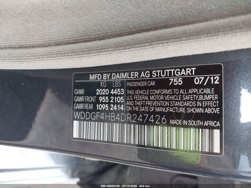 2013 Mercedes-benz C-klasse VIN WDDGF4HB4DR247426 IAAI salvage auction — NO DAMAGE, Clear (Alabama), sold $25 on 2026-07-22 (photo 9)