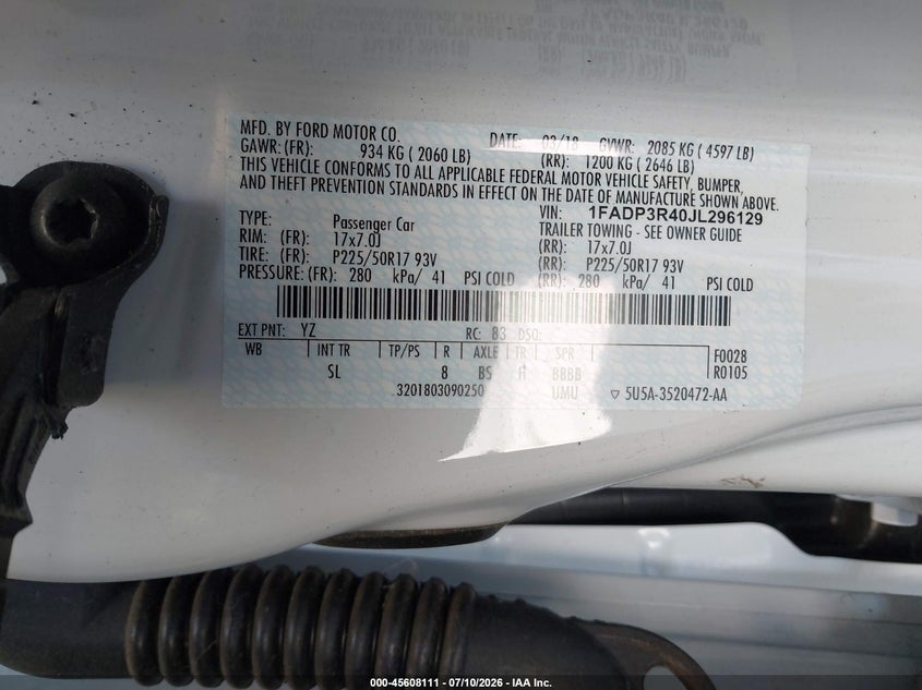 2018 Ford Focus VIN 1FADP3R40JL296129 IAAI salvage auction — NORMAL WEAR, Sf97 (California), sold $7,950 on 2026-08-27 (photo 9)
