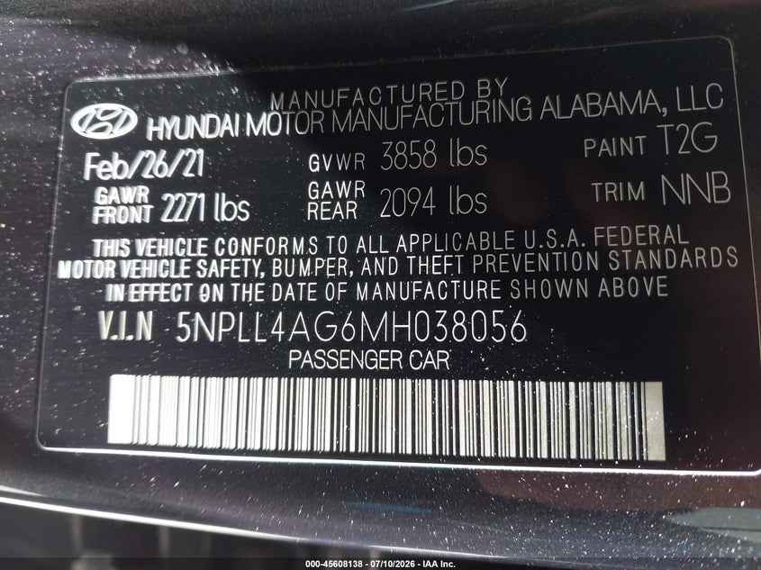 2021 Hyundai Elantra VIN 5NPLL4AG6MH038056 IAAI salvage auction — NORMAL WEAR, Sf97 (California), sold $11,325 on 2026-07-30 (photo 9)