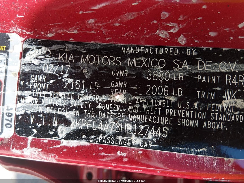 2017 Kia Forte VIN 3KPFL4A73HE127445 IAAI salvage auction — FRONT & REAR, Salvage Title, sold $450 on 2026-08-27 (photo 9)