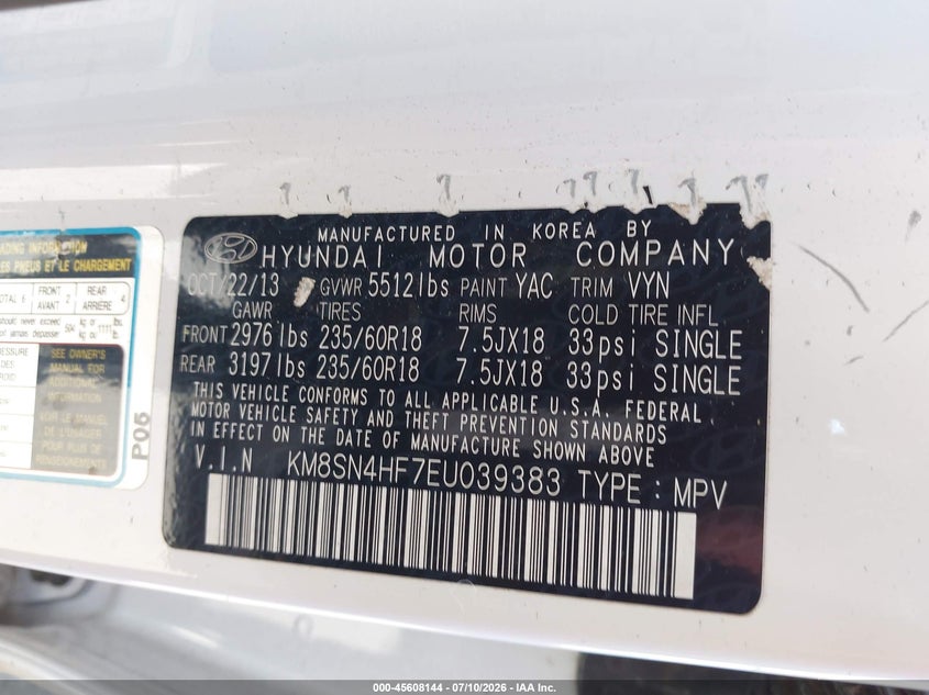 2014 Hyundai Santa fe VIN KM8SN4HF7EU039383 IAAI salvage auction — NORMAL WEAR, Clear - Dealer Only (California), sold $1,200 on 2026-07-23 (photo 9)