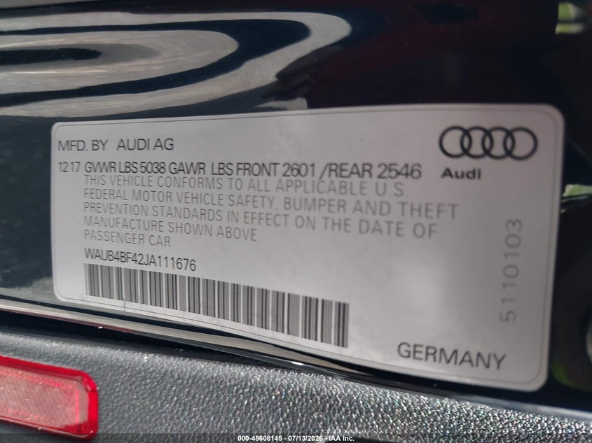 2018 Audi S4 VIN WAUB4BF42JA111676 IAAI salvage auction — LEFT SIDE, Salvage Title, sold $8,300 on 2026-08-13 (photo 9)