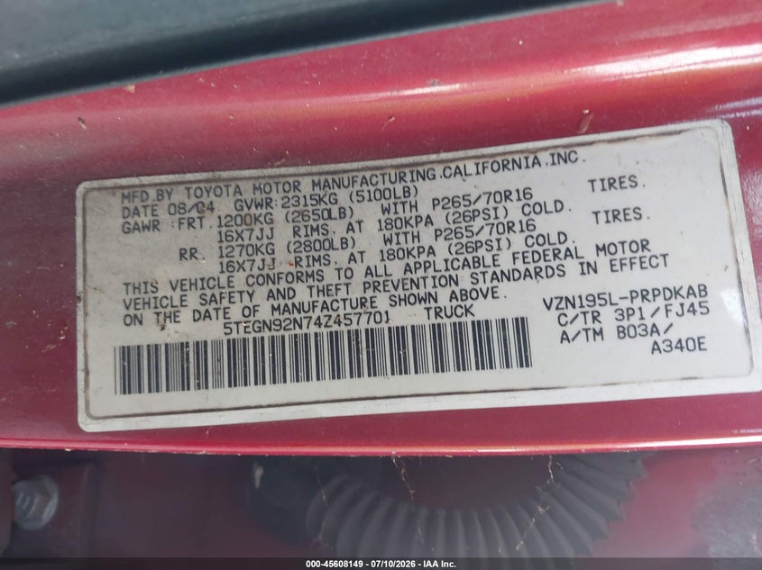 2004 Toyota Tacoma VIN 5TEGN92N74Z457701 IAAI salvage auction — NORMAL WEAR, Clear (Florida), sold $875 on 2026-07-28 (photo 9)