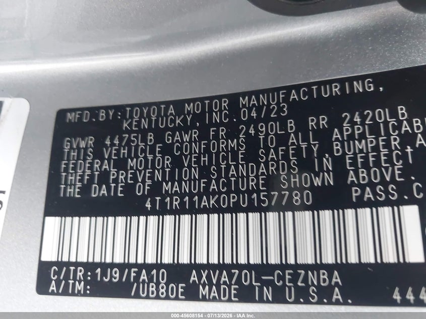 2023 Toyota Camry VIN 4T1R11AK0PU157780 IAAI salvage auction — SIDE, Salvage (California), sold $4,400 on 2026-07-19 (photo 9)