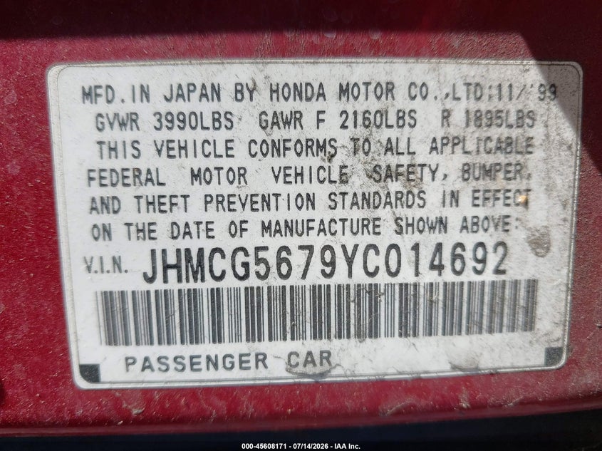 2000 Honda Accord VIN JHMCG5679YC014692 IAAI salvage auction — FRONT END, Clear - Dealer Only (California), sold $225 on 2026-07-29 (photo 9)