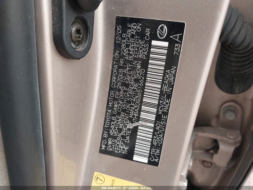 2006 Lexus Es 330 VIN JTHBA30G365166270 IAAI salvage auction — NORMAL WEAR, Clear (New York), sold $25 on 2026-07-22 (photo 9)