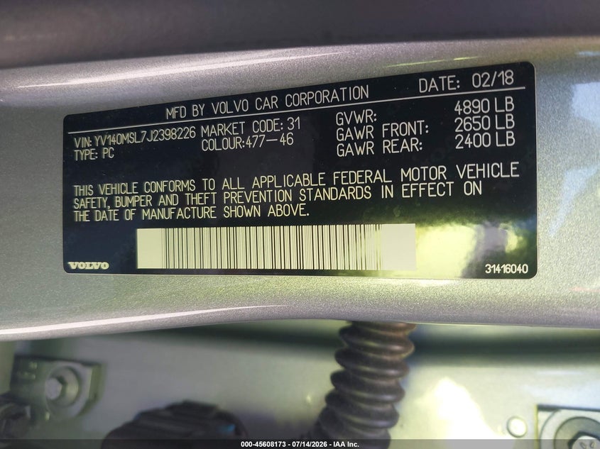 2018 Volvo V60 VIN YV140MSL7J2398226 IAAI salvage auction — FRONT END, Salvage (California), sold $625 on 2026-07-29 (photo 9)