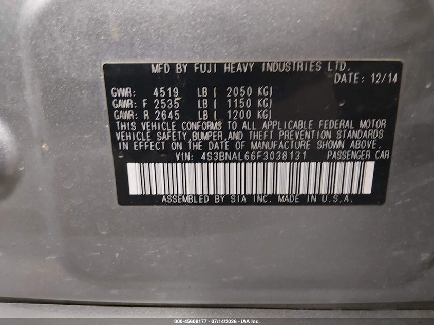 2015 Subaru LEGACY VIN 4S3BNAL66F3038131 IAAI salvage auction — FRONT END, Salvage Title, sold $1,550 on 2026-08-03 (photo 9)