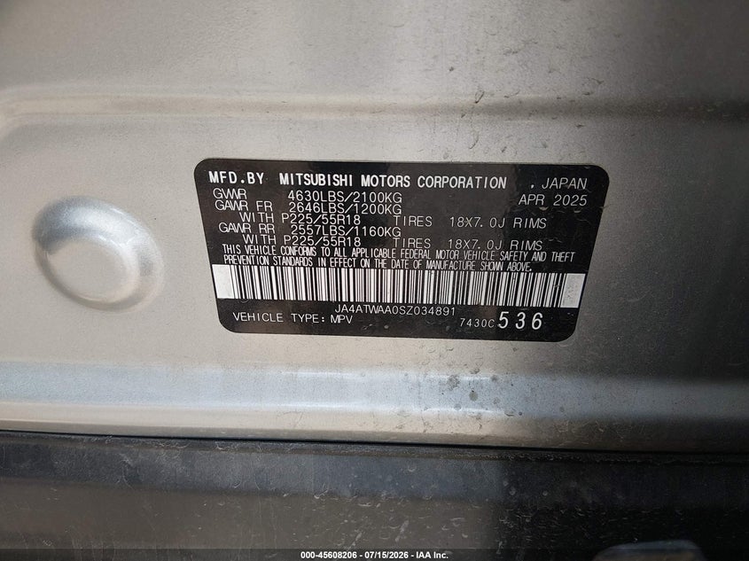 2025 Mitsubishi Eclipse cross VIN JA4ATWAA0SZ034891 IAAI salvage auction — LEFT SIDE, Enterprise Vehicles Clear Only (Colorado), sold $6,100 on 2026-07-18 (photo 9)