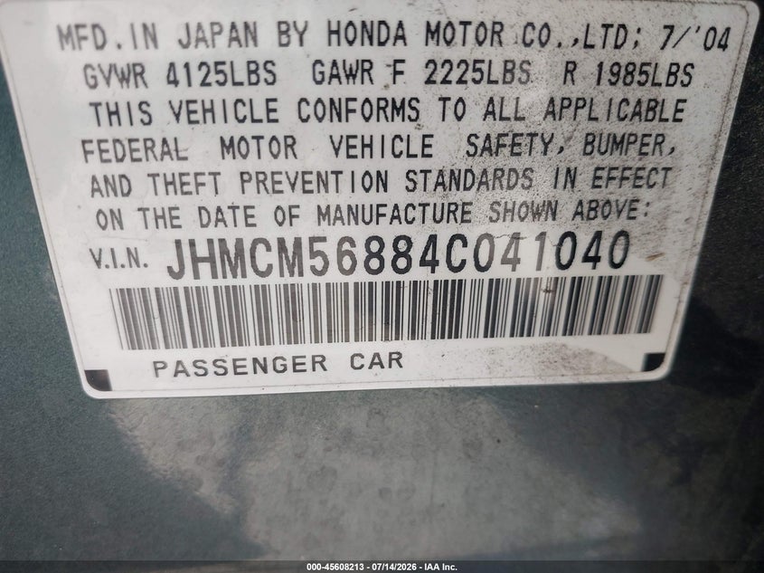 2004 Honda Accord VIN JHMCM56884C041040 IAAI salvage auction — RIGHT FRONT, Salvage (California), sold $1,650 on 2026-07-27 (photo 9)