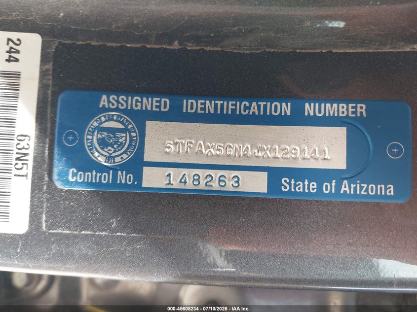 2018 Toyota Tacoma VIN 5TFAX5GN4JX129141 IAAI salvage auction — FRONT & REAR, Clear (Florida), sold $7,100 on 2026-07-30 (photo 9)