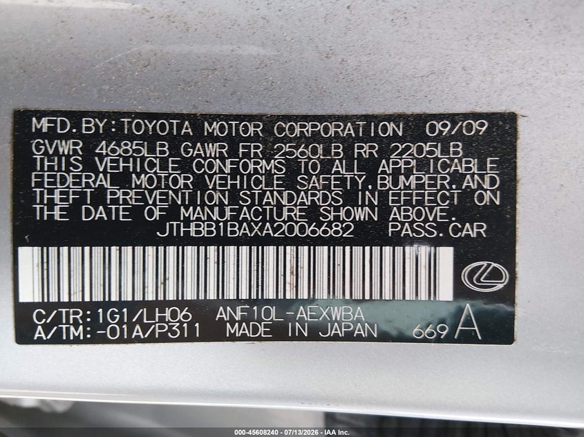 2010 Lexus Hs 250h VIN JTHBB1BAXA2006682 IAAI salvage auction — FRONT END, Clear (Georgia), sold $750 on 2026-07-30 (photo 9)
