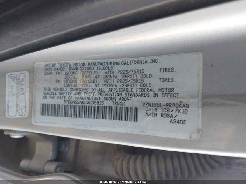 2002 Toyota Tacoma VIN 5TEGN92N62Z085815 IAAI salvage auction — NORMAL WEAR, Salvage (Idaho), sold $2,100 on 2026-07-28 (photo 9)