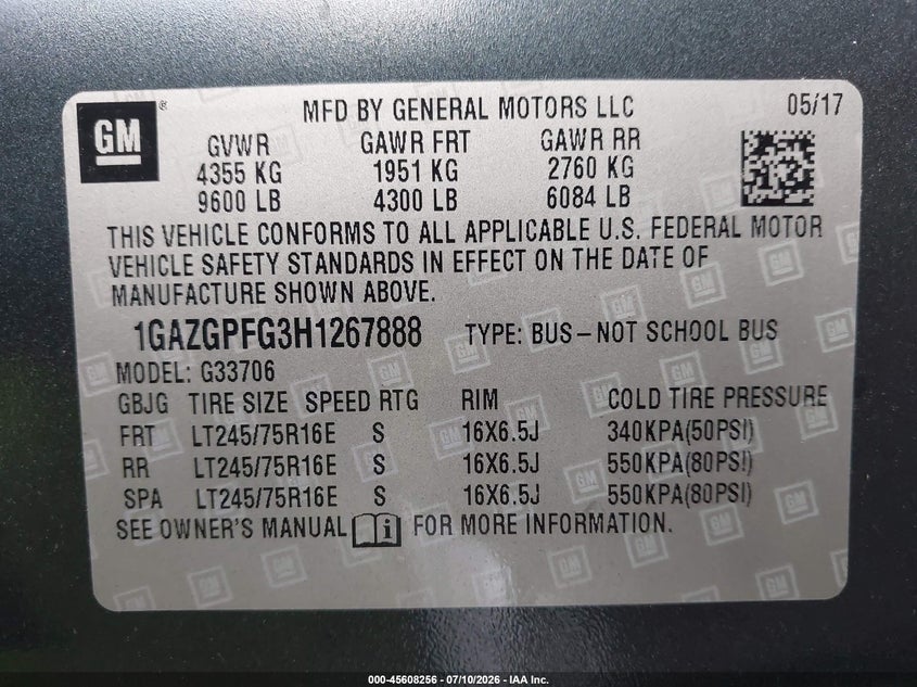 2017 Chevrolet Express 3500 VIN 1GAZGPFG3H1267888 IAAI salvage auction — NORMAL WEAR, Sf97 (Georgia), sold $18,850 on 2026-09-09 (photo 9)